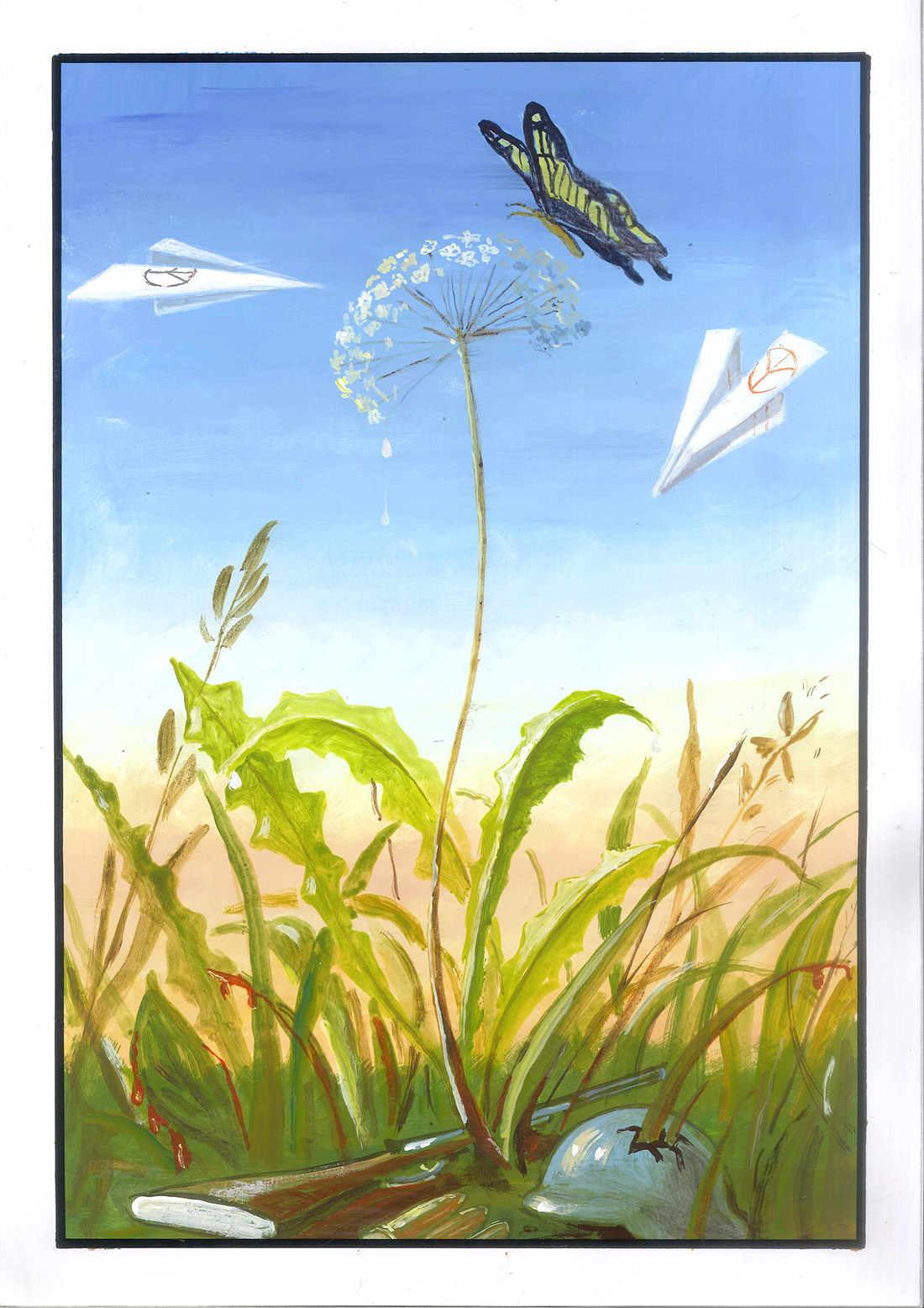 Opera per il draw not war di Muscas Nicolò: da un fucile e un elmetto nascono piante e fiori, su cui si posa una farfalla e due aeroplani di carta con il simbolo della pace volano attorno