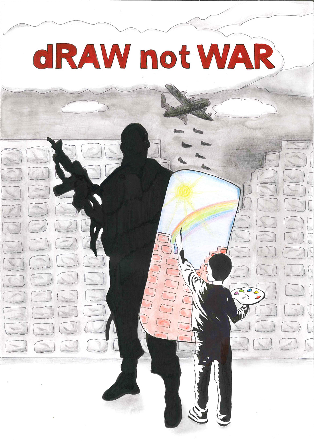 Opera per il draw not war di Uremassi Miriam: un bambino dipinge un arcobaleno sullo scudo anti sommossa di un poliziotto, mentre sullo sfondo un aereo lascia cadere delle bombe su alcuni palazzi