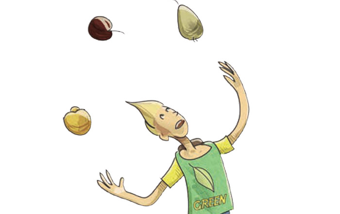 Disegno bambino che fa giocoleria con della frutta
