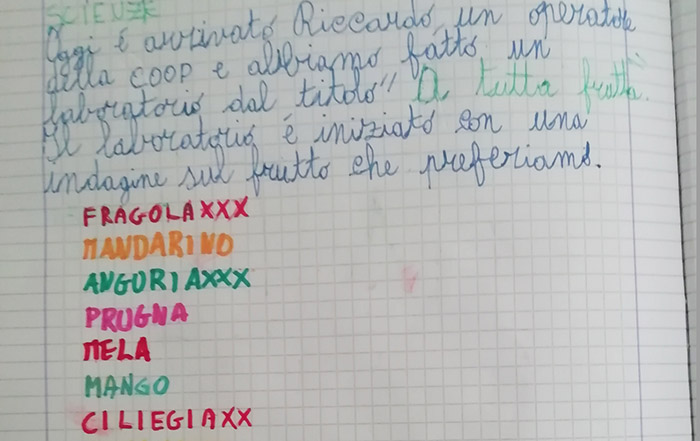 Elenco di frutti che la classe preferisce scritto da un bambino per l'esperienza a tutto frutta