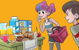Disegno due ragazzi che guardano tavola piena di cibo per la colazione