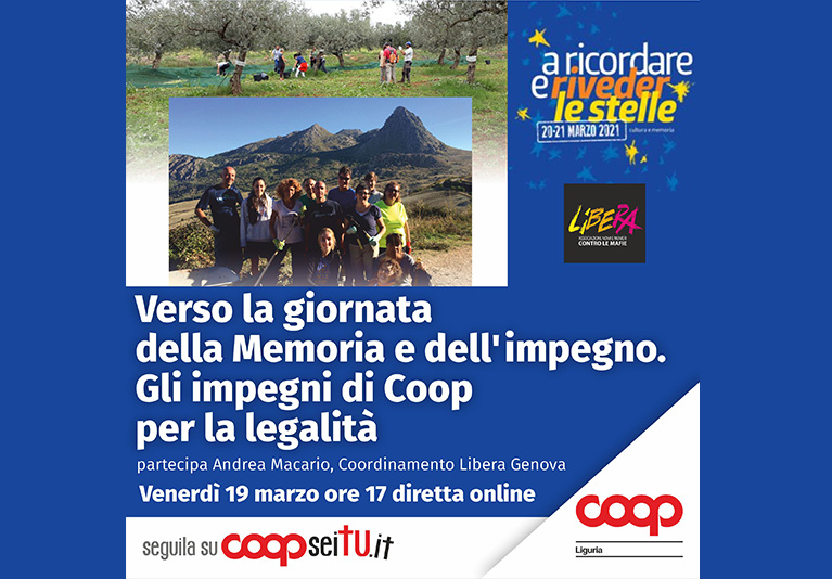 Locandina verso la giornata della memoria e dell'impegno. Gli impegni di Coop per la legalità