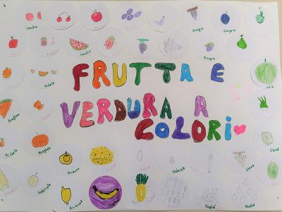 Cartellone creato da bambini con la scritta frutta e verdura a colori e i disegni di frutta e verdura
