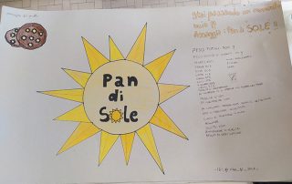 Cartellone con il disegno di un sole, dei biscotti e il testo di una ricetta