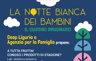 Anteprima Volantino la notte dei bambini. Immagine di albero, fiori e lumaca stilizzati