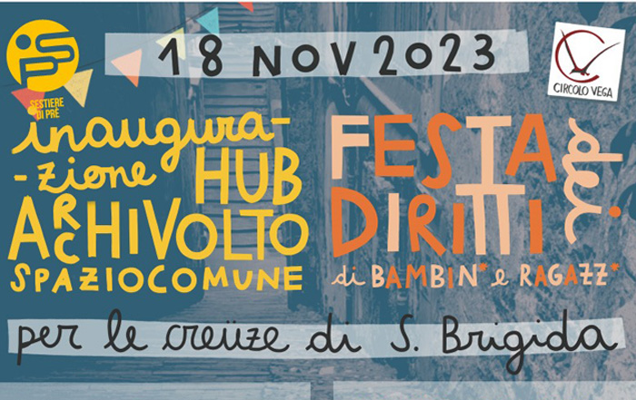 Anteprima volantino festa dei diritti di bambini e ragazzi. inaugurazione hub archivolto spazio comune