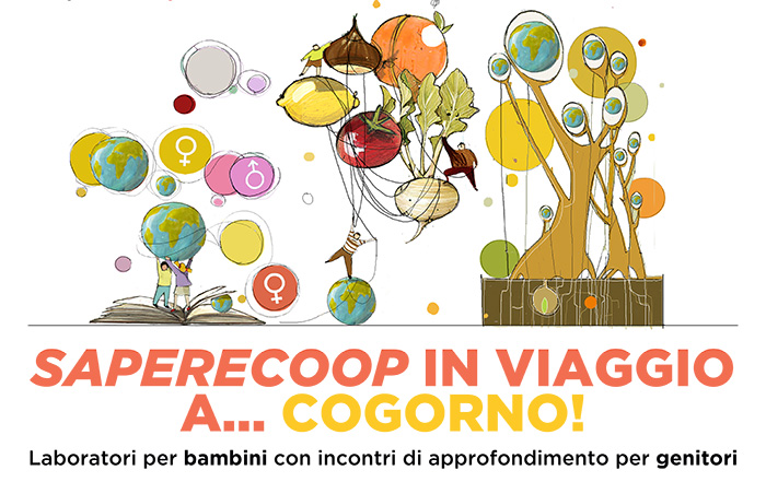 Saperecoop in viaggio a Cogorno. Palloni che volano fatti di alimenti e albero con miniature del mondo
