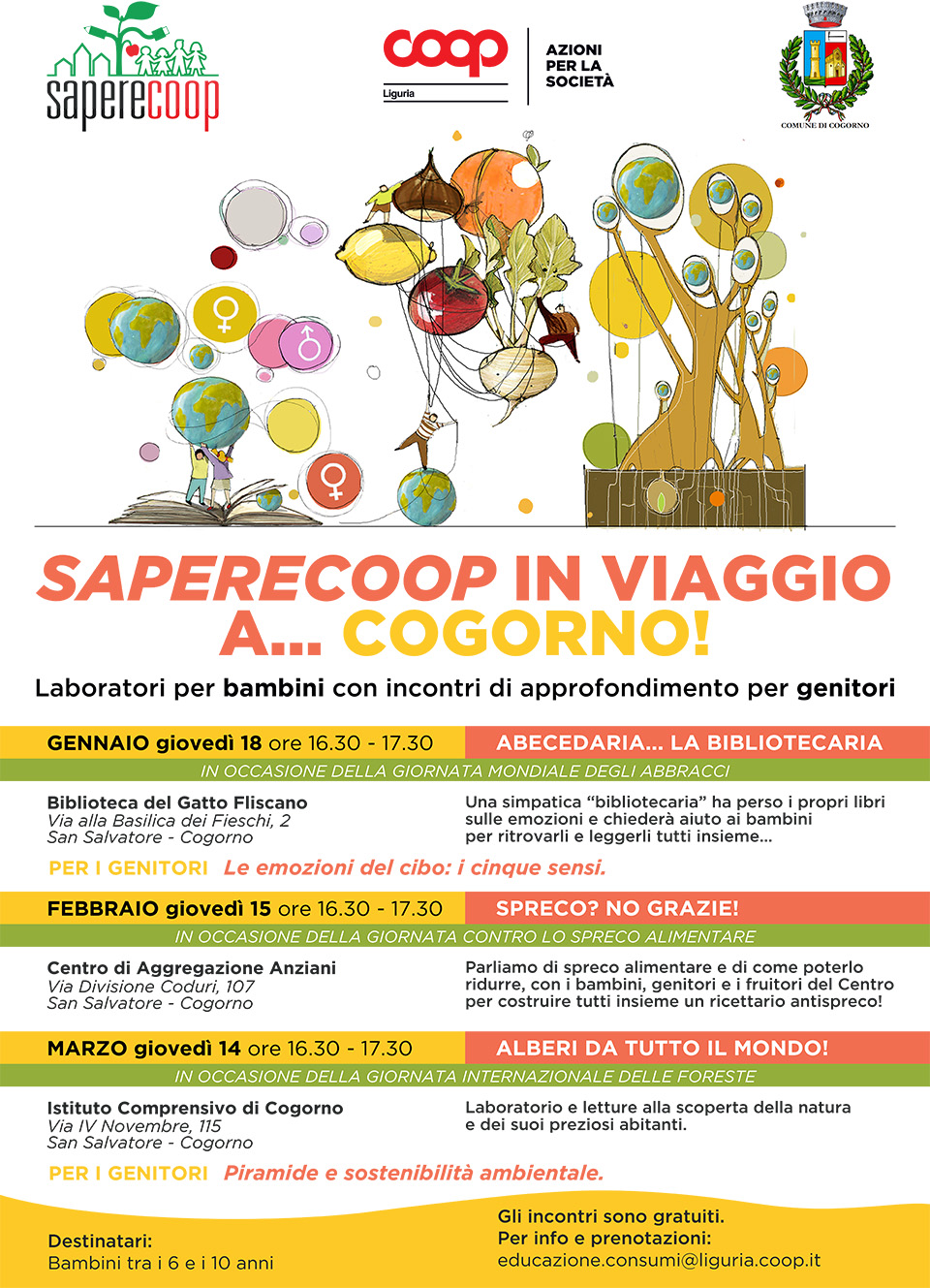 volnatino Saperecoop in viaggio a Cogorno. Palloni che volano fatti di alimenti e albero con miniature del mondo