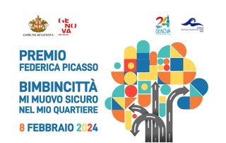 locandina premio federica picasso bimbi in città mi muovo sicuro nel mio quartiere. Immagine di albero il cui tronco sono delle strade e le foglie sono degli elementi geometrici