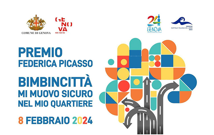 locandina premio federica picasso bimbi in città mi muovo sicuro nel mio quartiere. Immagine di albero il cui tronco sono delle strade e le foglie sono degli elementi geometrici