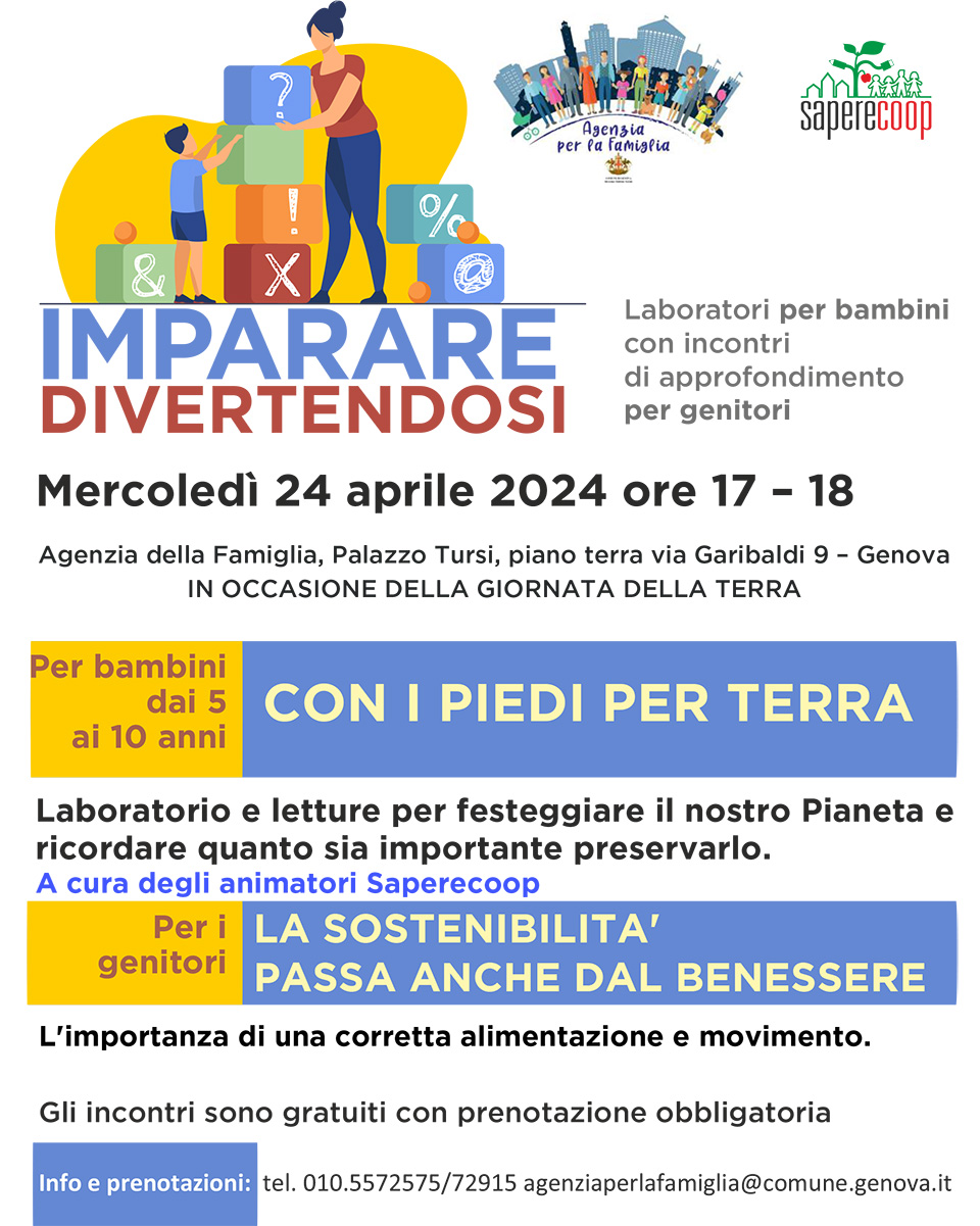 volantino imparare divertendosi con immagine di donna e bambino