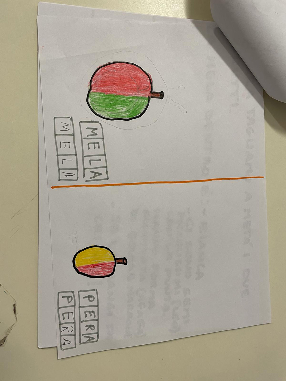 disegno creato da bambino di mela e pera