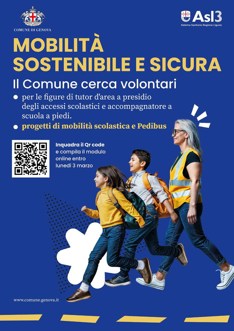 volantino Mobilità sostenibile e sicura. donna e bambini che camminano