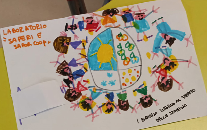 Disegno creato da bambini: bambini intorno ad un tappeto che rappresenta le stagioni