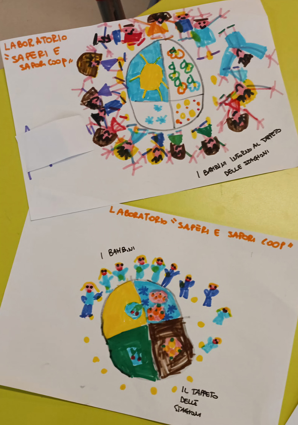 Disegno creato da bambini: bambini intorno ad un tappeto che rappresenta le stagioni