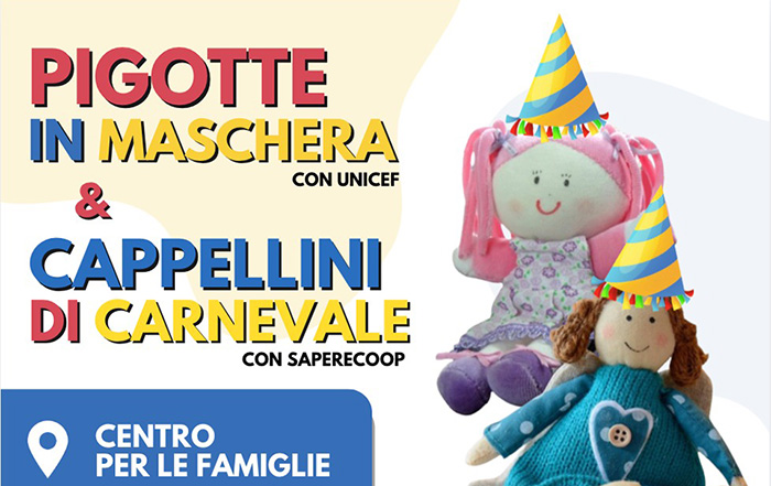 anteprima volantino Pigotte in maschera a cura di Unicef e Cappellini di Carnevale con Saperecoop