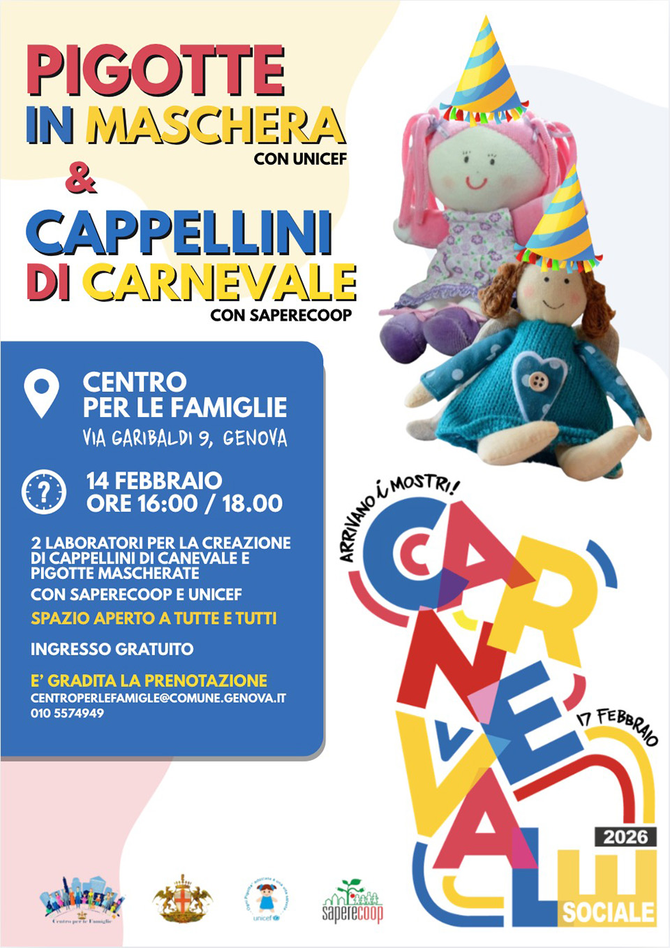volantino Pigotte in maschera a cura di Unicef e Cappellini di Carnevale con Saperecoop