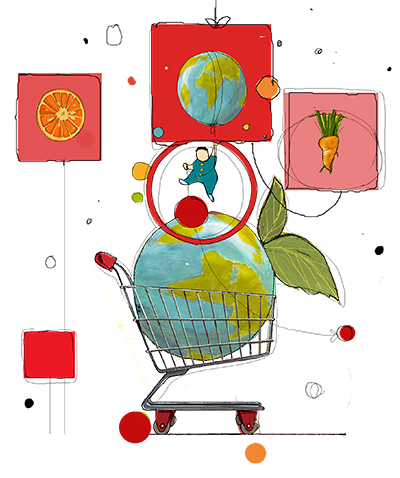 disegno di carrello della spesa con all'interno il pianeta Terra e alimenti