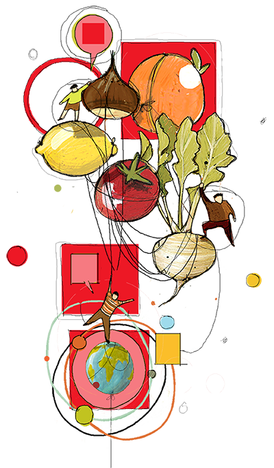 disegno di uomini e frutta e verdura