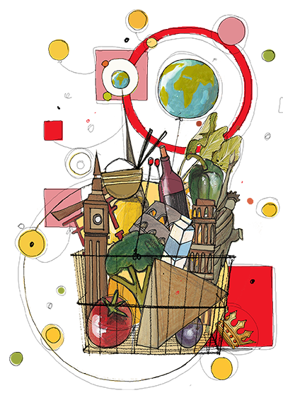 disegno di cestino con monumenti, Terra e verdure