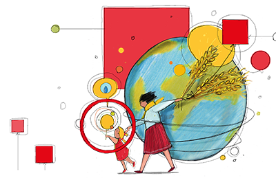 disegno di donna e bambina davanti al pianeta Terra disegno di donna e bambina davanti al pianeta Terra