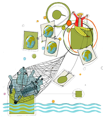 disegno di bambini su libri volanti che trasportano rifiuti provenienti dal mare disegno di bambini su libri volanti che trasportano rifiuti provenienti dal mare