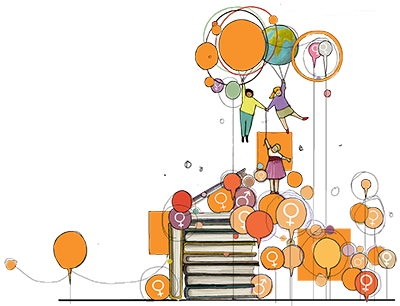 bambini appesi a pallone a forma di pianeta terra e pila di libri